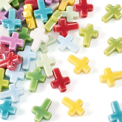 Craftdady 50 cuentas de porcelana hechas a mano con forma de cruz perlada a granel, cuentas de crucifijo de cerámica coloridas, cuentas espaciadoras de arcilla para Pascua, Halloween, joyería