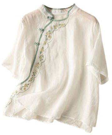 Tops de mujer manga 3/4 algodón lino bordado camisas vintage cheongsam camiseta hanfu tradicional chino tang-traje zen té abotonado blusas elegantes de gran tamaño