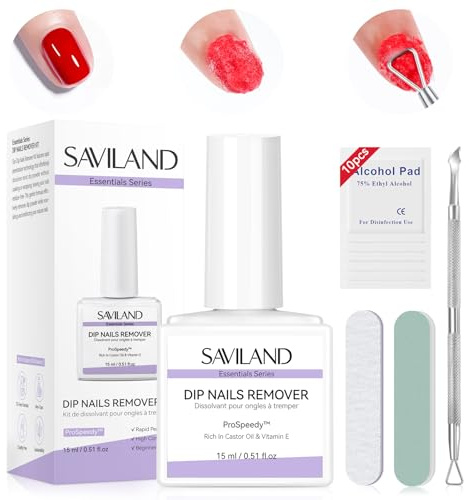 SAVILAND Essentials Dip Nail Remover Kit: Effective Removal Dip Powder Remover With Nail File Buffer For Dip Nails Remove No Need Foil Soaking or Wrapping Home 15 ml