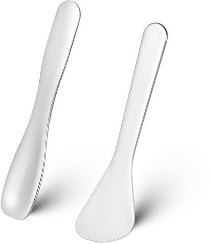 2Pcs Mini Metal Makeup Spatula, Reusable Cosmetic Cream Spatulas Spoon Skincare Scoop Applicator Multi-functional Facial Applicator Tool Beauty Accessory for Mixing and Sampling Face Eye Cream, Silver