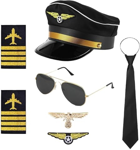 Baieye Accessoire de costume de capitaine, costume de pilote pour carnaval, avec bonnet de capitaine, épaulettes, cravate, badge, lunettes de soleil, pour adolescents et adultes, pour les fêtes ou les