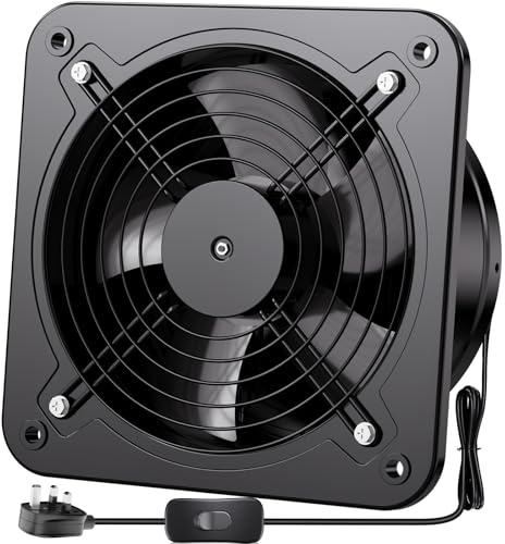 Hon&Guan 8 inch Kitchen Exhaust Fan 200mm with Switch UK Plug, 980m³/h Stainless Steel Extractor Ventilator Fan with Backdraft Damper for Garage Attic Coop Printer Soldering Spray (Black)