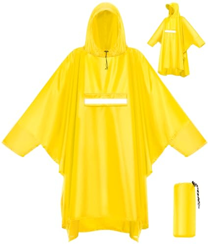 VOBUKE Rain Poncho Waterproof Rain Cape with Hood Pockets Reflective Stripes Breathable Rain Jacket Bicycle Men Reusable Raincoat Women with Ventilated Rain Poncho Outdoor Camping Hiking, yellow, One