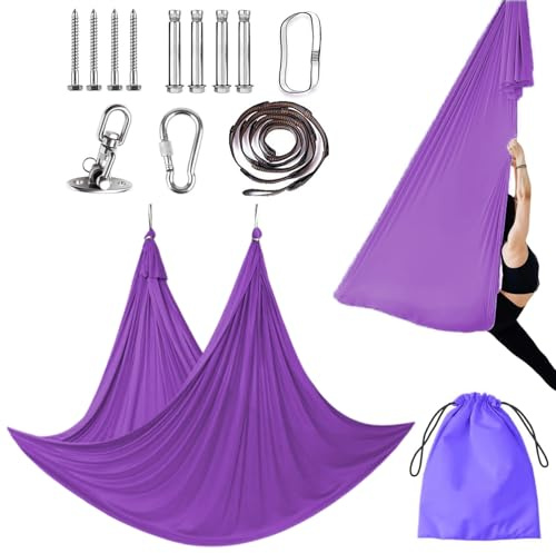 RANJIMA Set di amaca per yoga, 150 x 200 cm, capacità di carico per yoga, fitness, set di montaggio per interni, antigravità, yoga, fitness, rilassamento, allenamento, stretching, viola