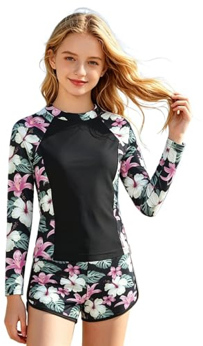 UV Badeanzug Mädchen mit Gepolsterte, Langarm Kinder UV Badebekleidung mit Badeshirt & Shorts, Schwimmshirt UV Shirt Schwimmanzug 8-14 Jahre