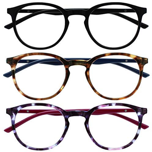 OPULIZE Met Lunettes de Lecture Anti-Lumière Bleue Pack de 3 Montures Rondes et Minces Charnières à Ressort Améliore le Sommeil Jeux Ordinateur Noir Marron Violet Hommes Femmes BBB60-125 +2.00