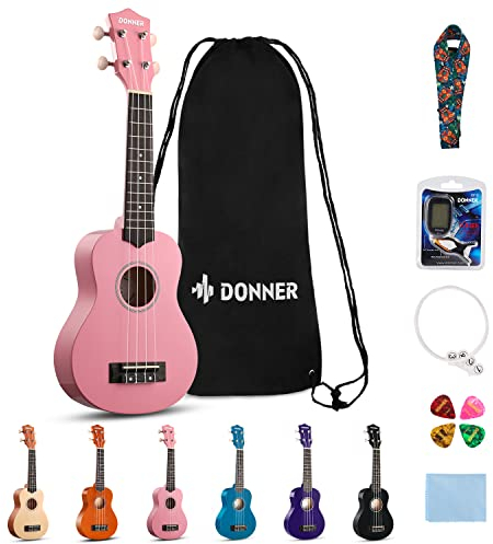 Donner Ukulele für Anfänger Sopran Ukulele Kit 21 Zoll Pink mit Nylon Saiten Hawaii Gitarre