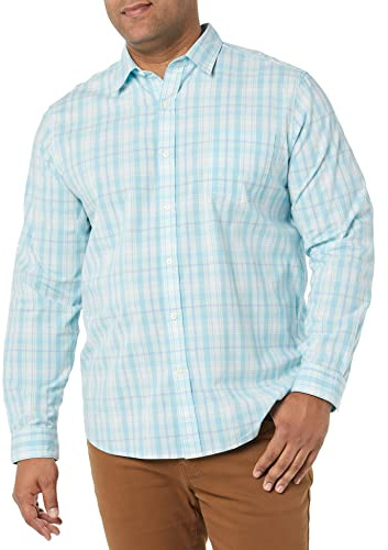 Amazon Essentials Camisa en Popelina Elástica de Manga Larga y Corte Regular Hombre, Azul Claro Blanco Cuadros Medio, XXL