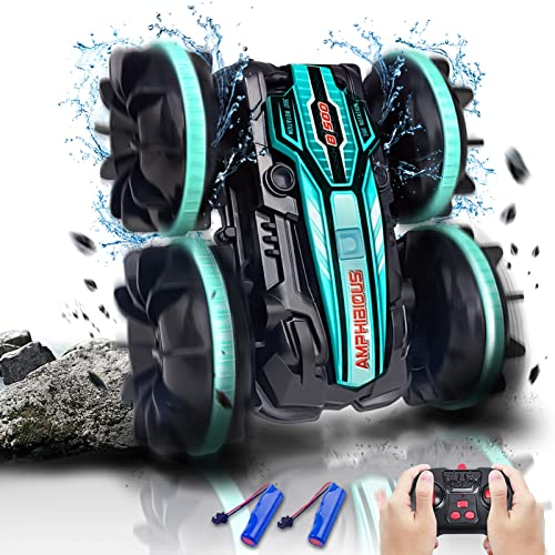 AMOBON Amphibisches Ferngesteuertes Auto Spielzeug, 360° Drehung Amphibienfahrzeug mit 2 Wiederaufladbaren Batterien, Wasserdichtes Off-Road Spielzeugauto Geschenk für Kinder Mädchen Junge (Grün)
