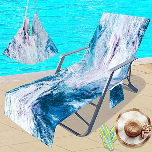 Highdi Schonbezug Liegestuhlauflage, Tie-Dye Schonbezug für Gartenliege, Strandliegenauflage mit Taschen, Mikrofaser Handtücher für Strandliegen Liegestuhl (75x210cm,Blau-weiß)