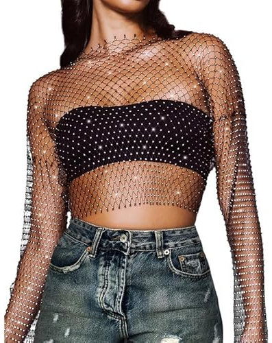BLPRKOT Tank Top Damen Mesh Crop Top Durchsichtiges Glänzende Netzshirt Fischnetz Strasssteine Cover Up Kristall Sheer Mesh Top Aushöhlen Sparkle Club Wear Sexy Pailletten Netzoberteil (M)