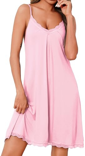 Uniexcosm Women's Nightdresses Sleeveless Soft Cotton Ladies Negligees V Neck Lace Chemise Sexy Spaghetti Strap Nighties Nightgown Nightshirt Nightwear Sleepwear Loose Fit S-3XL Pink