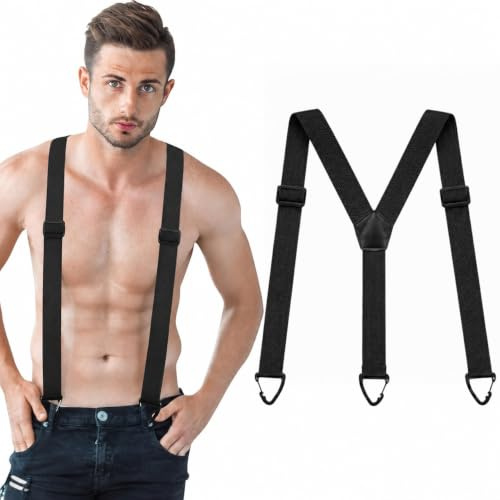 beueyfr Black Y-Back Mens Braces, Elastic Trouser Braces