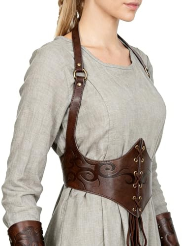 L'VOW Renaissance Leather Corset Belt Viking Leather Cinch Belt Women Halloween Medieval Accessory, Brown, Fit Waist 29.1-31.5in