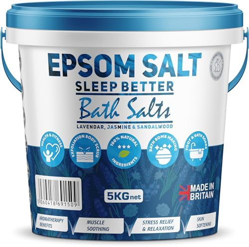 Scented Epsom Bath Salts 5kg Infused with Jasmine, Sandalwood & Lavender Essential Oil, 100% Natural Mineral Salts - Supports Sleep and Relieves Aching Muscles Magnesium Sulphate Bath Foot Soak