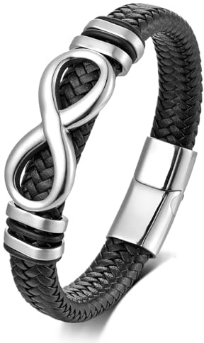 ATEIELLI Bracciale Infinito Uomo in Pelle Intrecciato Acciaio Inox lunghezza 21/23cm JWB351 (Argento, 23cm)
