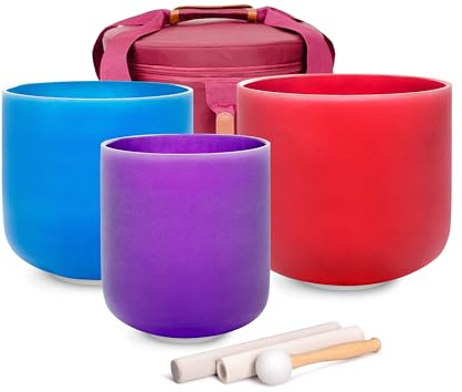 ALIOTH (6D+8C+10F) 3-Piece Chakra Color Crystal Singing Bowl Set with Heavy Duty Case & Mallets for Yoga, Meditation & Sound Healing