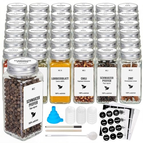 Boic 36pcs Botes Para Especias De Cristal, Frascos Para Cocina Con Etiqueta Alemana Y Blanco, Cuadrado Tarros Especias Con Tamiz, Cepillo De Limpieza Para Parrilla,Cocina,Almacenamiento De Especias