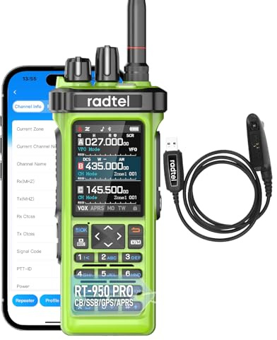Radtel RT-950 PRO Ham Radio TX GPS/APRS, 10W Walkie Talkie Long Range Handheld Two Way Radio, AM/FM/CB/SW/MW/LW RX, Bluetooth APP Programming, NOAA, Spectrum Analyzer，Green (with Programming Cable)