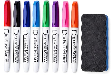 Volcanics Whiteboard Pens 8 Pack, Fine Tip Dry Erase Markers with Magnetic Whiteboard Eraser, Assorted Colours, Low Odour White Board Pens for Office, School, Home and Classroom