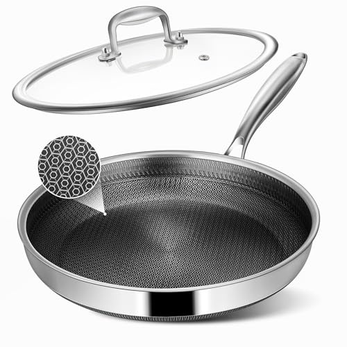 Vocvee Non Stick Frying Pans, 12-inch with Lid, Hybrid Frying Pans Nonstick Stainless Steel Skillets, Dishwasher & Oven-Safe, Stay-Cool Handle, PFOA Free Cookware, Compatible with All Cooktops