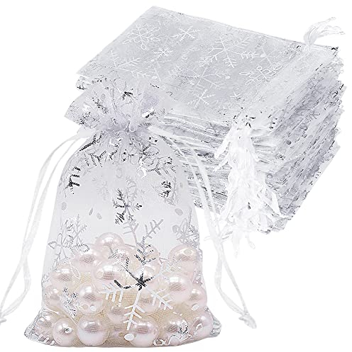 100pcs Organza Gift Bags White Snowflake 10 x 15 cm, Small White Mesh Jewelry Pouches Little Drawstring Candy Bags for Christmas