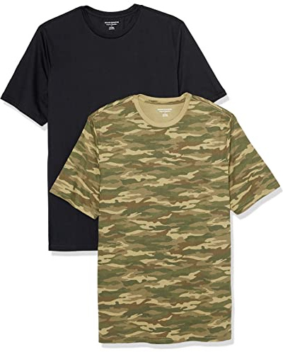 Amazon Essentials T-shirt en Coton à Col Rond à Manches Courtes, Coupe Classique Homme, Lot de 2, Imprimé Motifs Camouflage/Noir, M