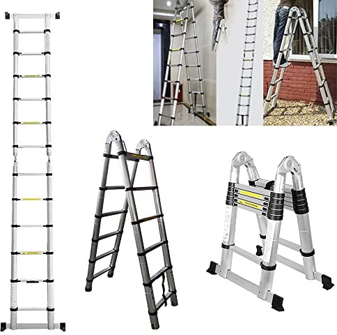 3.8M / 1.9M+ 1.9M Foldable Ladders A Frame Aluminium Extendable Extension 16 Steps150kg Max. Capacity Multipurpose Climb Ladder Portable Loft Attic for Business Home Work DIY Builder