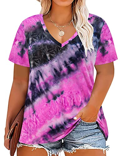 CARCOS Womens Plus Size Shirts 2X Summer Tie Dye Tops Short Sleeve Tie Dye Pink Black Blouses V Neck Tees Casual Loose Fit 2XL 18W 20W