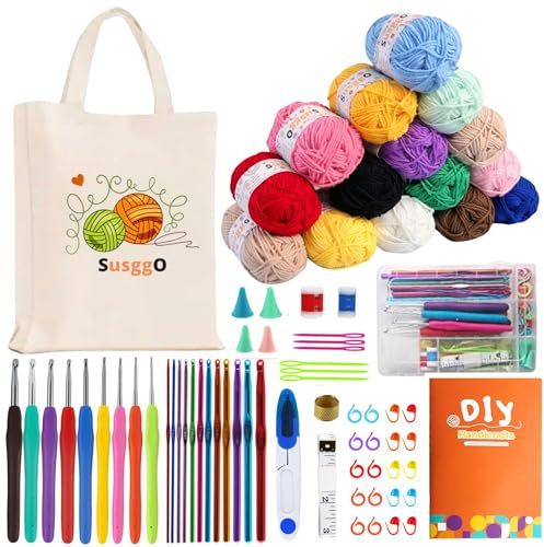 SusggO 73 Piezas Kit Crochet Kit Principiantes Completo Crochet Set Amigurumi – 15 Ovillos Algodon de Leche Agujas Crochet Accesorios Manual Español y Bolso - Kit Ganchillo Completo - Crochet Kit DIY