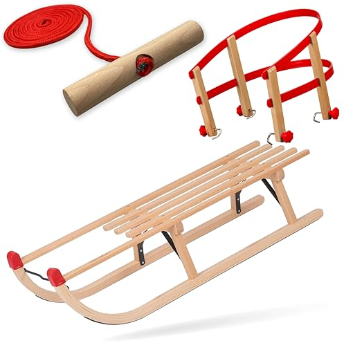 Explorer Colint Holzschlitten mit Rückenlehne für Kinder ab 1 Jahr und Erwachsene Set Schlitten Davos Schlitten mit Leine und Kunststoff/Holz Rückenlehne in Rot 90cm Alpina Fun