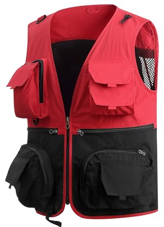 MeiLayM Hombres Al Aire Libre de Pesca Chaleco Verano con Multi-Bolsillos Chaleco Camping Senderismo Chaleco de Secado rápido Chaleco Transpirable Ligera chaqueta Sin Mmanga Rojo,M