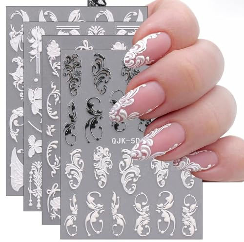 jmeowio 3D Embossed Black White Flower Nail Art Stickers Decals Self-Adhesive 5D Leaves Line Nail Supplies Nail Art Design Decoration Accessories 4 Sheets