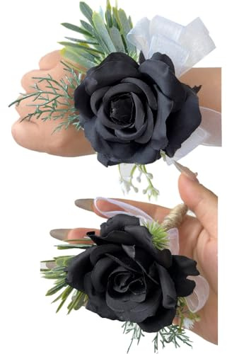 eamve 2pcs Rose Wrist Corsage and Boutonniere Set,Artificial Rose Wrist Corsage Wristband Men Boutonniere for Wedding Party Prom Suit,DIY Petals Hair Hat Wreath,Bride Hand Flower Flowers (Black)