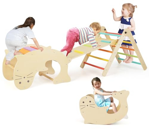 RELAX4LIFE 7 in 1 Set da Arrampicata con Scivolo per Bambini, Arco da Arrampicata Pieghevole in Legno, Cavallo a Dondolo Convertibile in Tavolino per Bimbi 1+ Anni (Colorato)