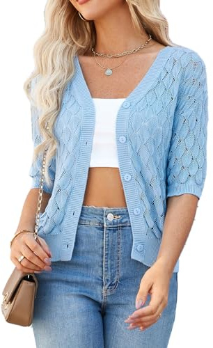 GRACE KARIN Cardigan Vintage à Manches Courtes pour Femmes Cardigan Creux CL2656 Bleu Ciel M