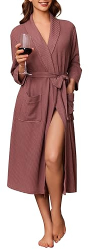 Ekouaer Robes for Women Long Waffle Knit Bathrobe Lightweight Kimono Robe Soft Shawl Collar Spa Robes with Pockets S-XXL