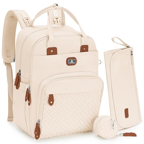 Dikaslon Wickeltasche Ryggsäck Großer Wickelryggsäck med Multifunktions-Babytaschen und mobiler Wickelauflage - Schnullerhalter und Kinderwagengurte - für Mama und Papa, Einheitsgröße (Cremefarben)