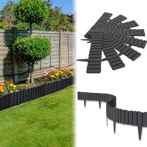 UISEBRT 4,6 m - Bordure de parterre aspect bois en plastique PP - Peut être épissée - Clôture de parterre de fleurs - Étanche et résistante à la corrosion - Anthracite