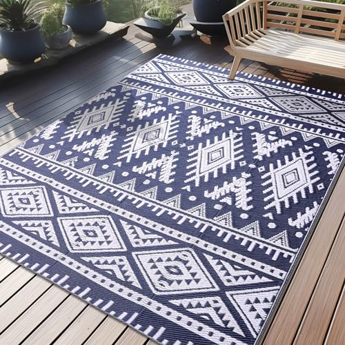 Homaxy Waterproof Outdoor Rug, Anti-slip Reversible UV Resistant Garden Rugs, Easy Cleaning Carpet Patio Area Rugs for Camping, Deck, Beach, Picnic, Backyard (120 x 180 cm, Navy Blue & White)
