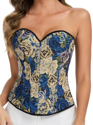 SLIMBELLE Corset Renaissance pour femme avec imprimé floral vintage, Bleu Rose, S
