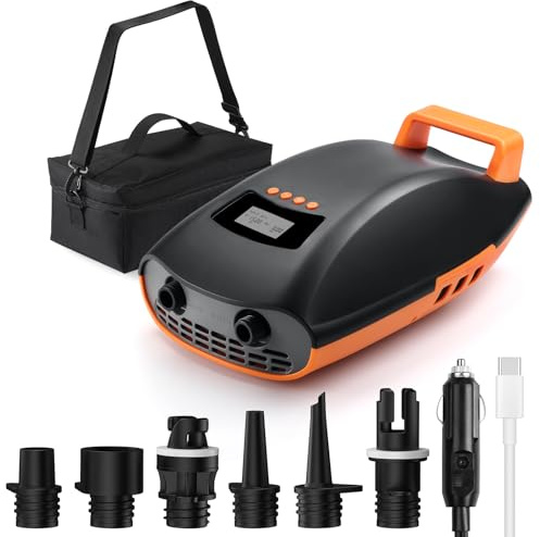 Swonder Seawolf Dual-Power Paddle Board Pump, 6000mAh Battery & Car Connector, 2X Faster Electric Air Pump for SUP & Kayak, 20 PSI with Dual Cylinders, Active Cooling, Supports Up to 17V DC