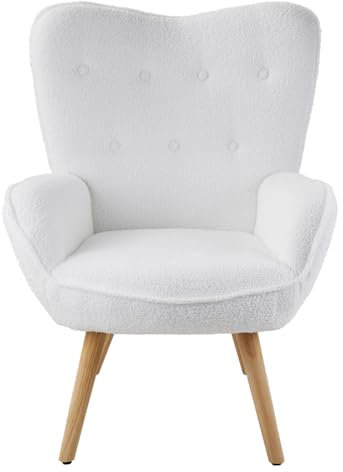 INMOZATA Teddy Armchair High Back Accent Chair Button Tufted Lounge Leisure Chair upholstered Tub Chair with Wood Legs for Dining Bedroom Living Room Reading (White)