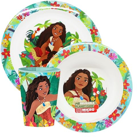 Sorrisini Vajilla Infantil para Niños Vaina, Vajilla Reutilizable Apta para Microondas, Juego de Platos Irrompibles de Plástico Plato, Cuenco para Cereal, Taza 260ml, sin BPA, Vaiana