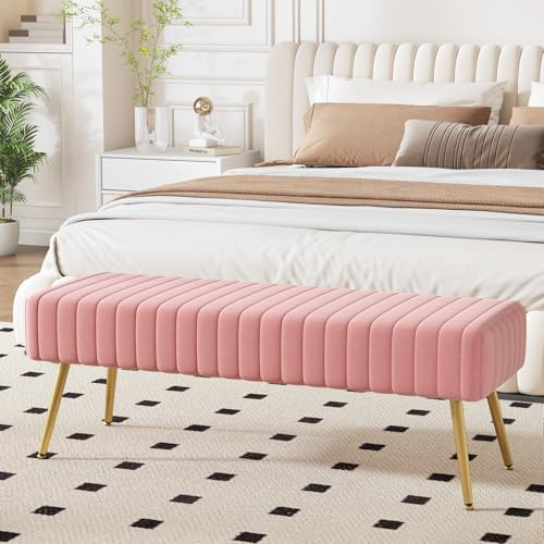 Ckaff Banc Bout de lit Banquette, Banc d' Entrée Capitonnée Assise Rembourré en Velours 113.5x36.5x43cm avec Pieds en Métal pour Entrée Salon Chambre à Coucher, Rose