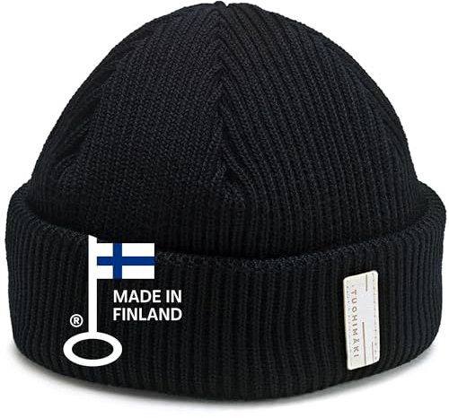 TUOHIMÄKI Fischer Winter Beanie Mütze Schwarz Herren Damen - 100% Merino Wool Beanie - One Size Seemannsmütze Merinowolle - Docker Cap Made in Finland - Fisherman Beanie Winter