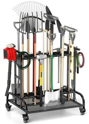 tonchean Garden Tool Tower 3 Tier Storage Organizer 360° Rotating Storage Rack Trolley with Wheels Tool Holder Stand Shelf for Garage Lawn Shed Workshop