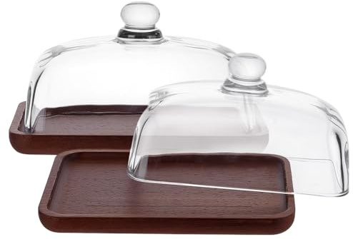 nbeads Soporte rectangular para tartas de madera con cúpula de cristal, plato para tartas con tapa, campana de cristal para tartas, con base para cocina, hornear, regalos, 12 x 17,6 x 10 cm