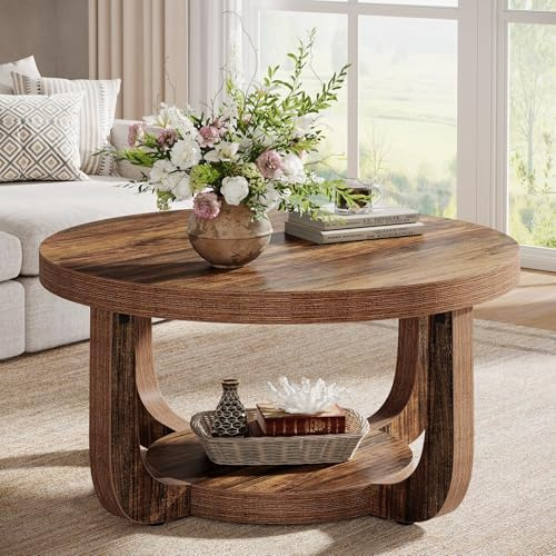 Tribesigns Couchtisch Wohnzimmer, Büro, Empfangsbereich Hochwertiger Spanplatte Runder Couchtisch 2-Ebenen Stauraum, Stabil, Vintage-Charme, Retro-Holzmaserung - Rustikales Braun 80 x 80 x 45 cm