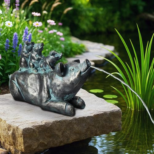 Gárgola solar con bomba – Figura de estanque con bomba solar y fuente de agua – Decoración de jardín de poliresina en aspecto de bronce – Fuente solar para estanque de jardín y curso de agua (familia